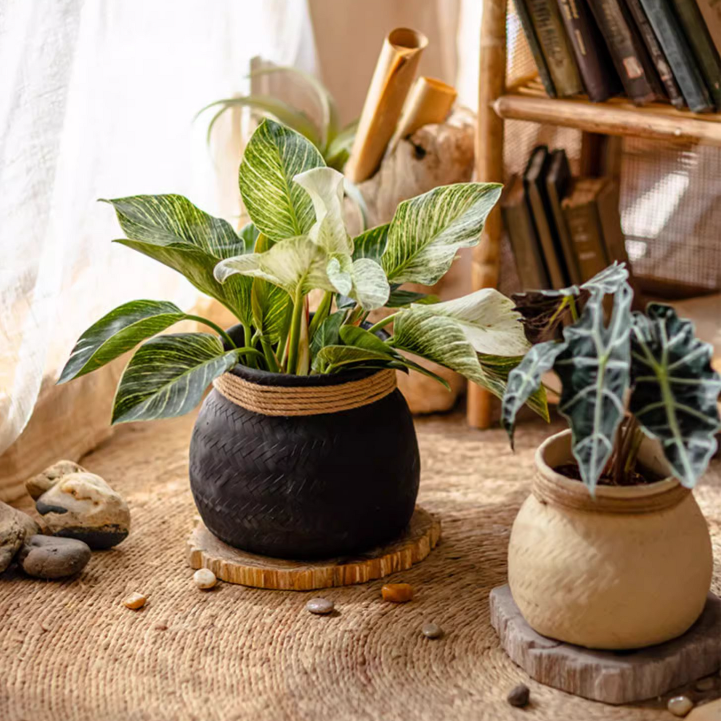 Faux Bamboo Woven Cement Planter