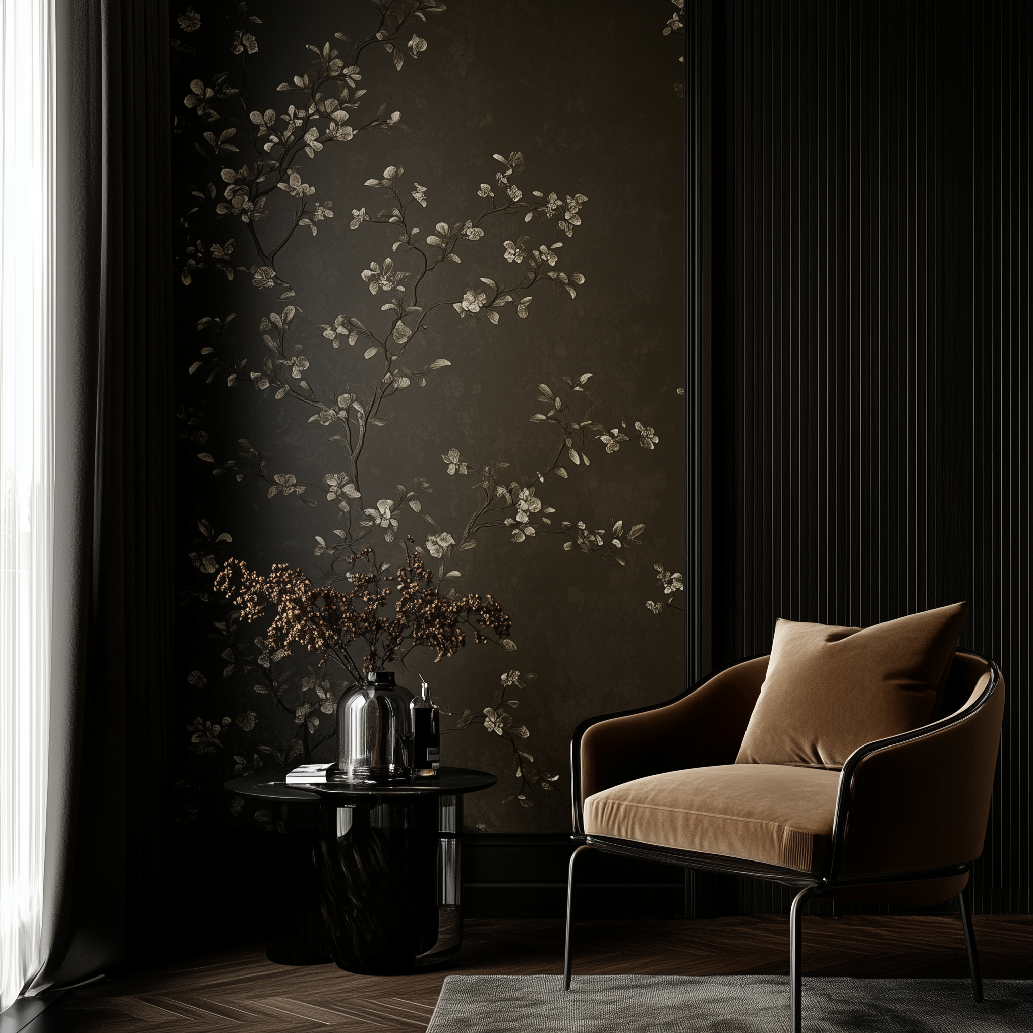 modern room with a vintage, moody, dark, wallpaper pattern, with dark elements, castlecore