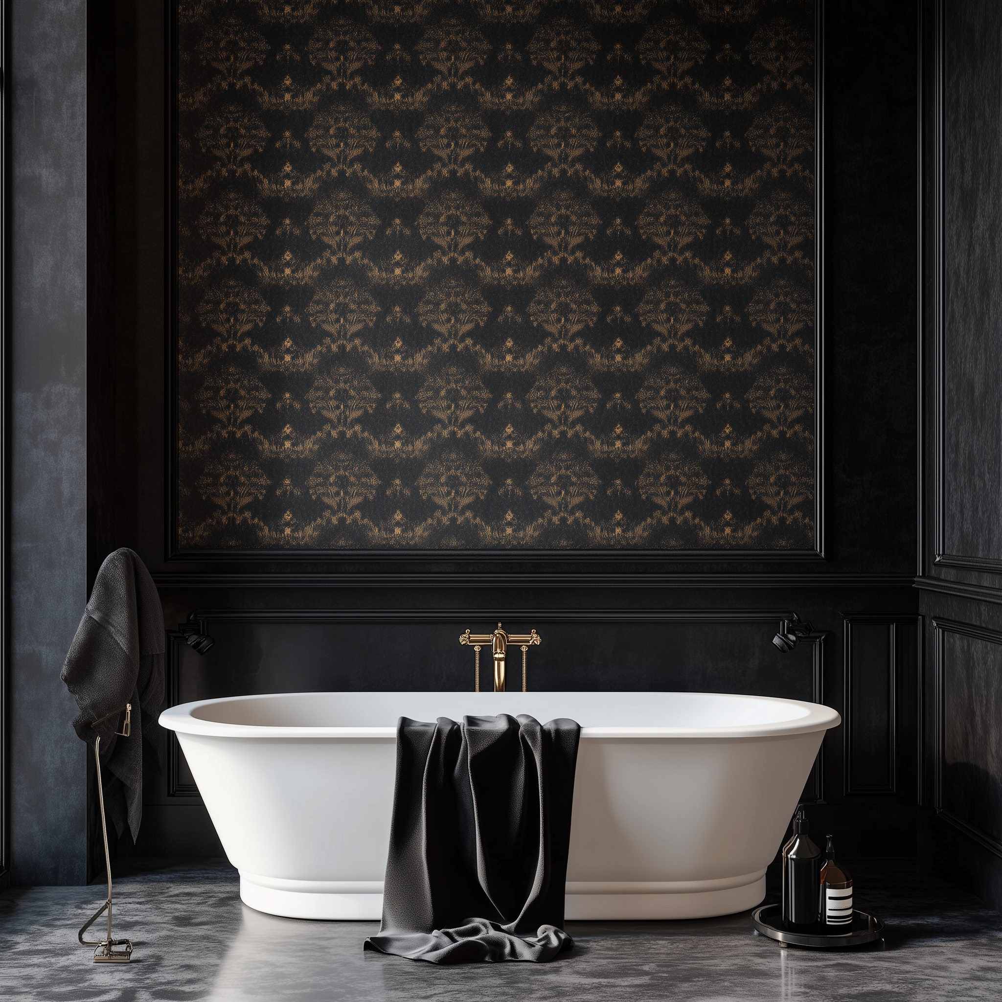 modern room with a vintage, moody, dark, wallpaper pattern, with dark elements, seamless wallpaper, bathroom